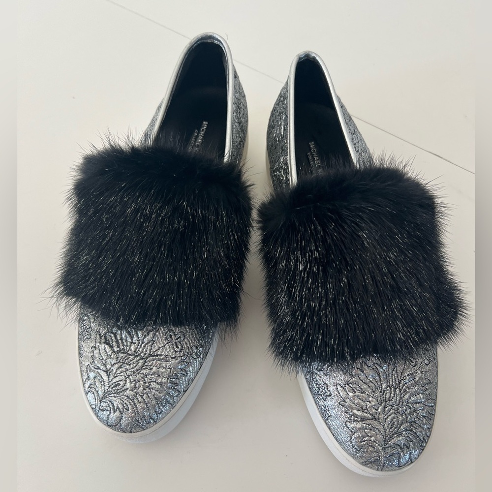 Michael Kors Collection Silver Metallic Jacquard Slip-On Mink Fur Platform Shoes